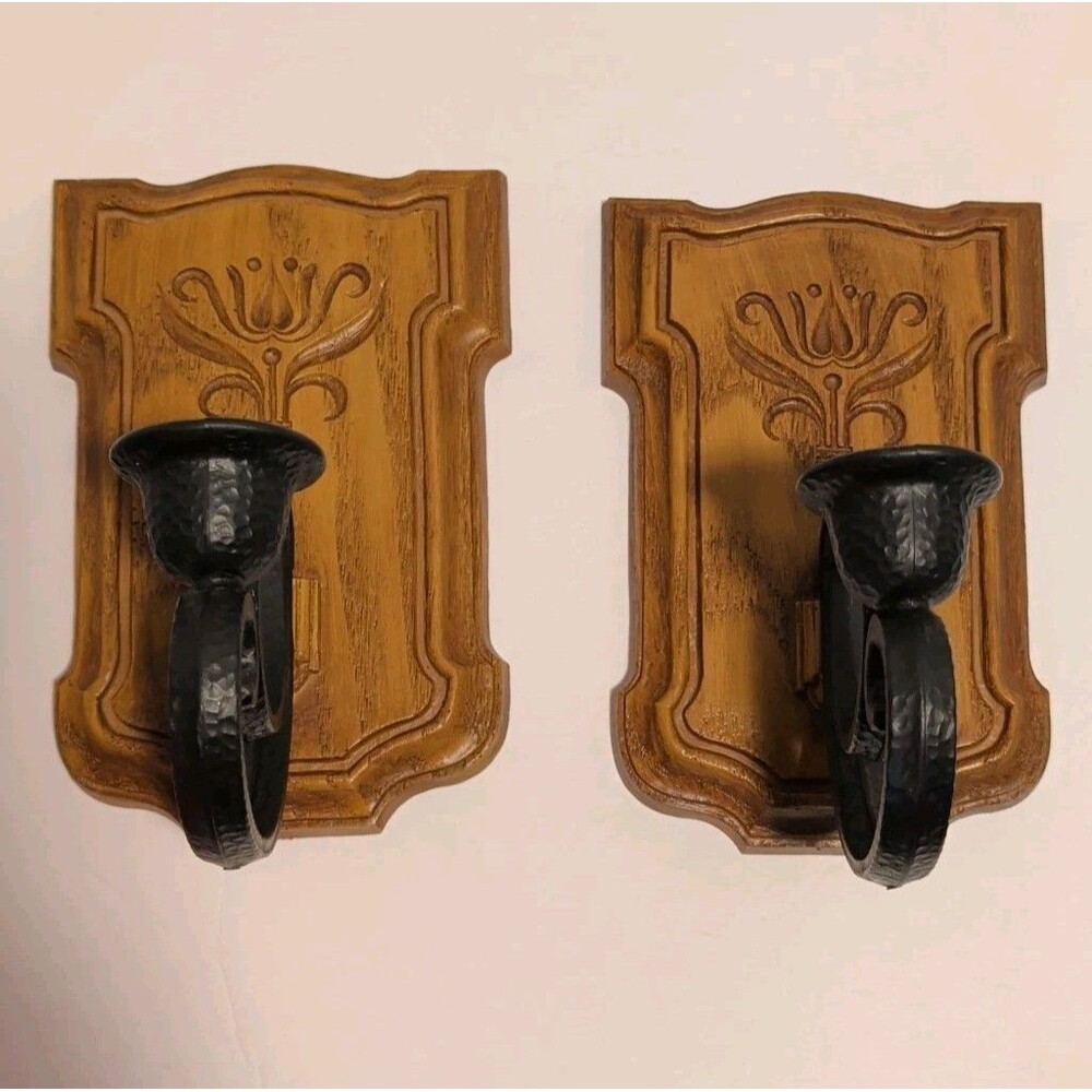 Vintage Homco 4222 Wall Sconces Pair Faux Wood Black Candle Holders 1981